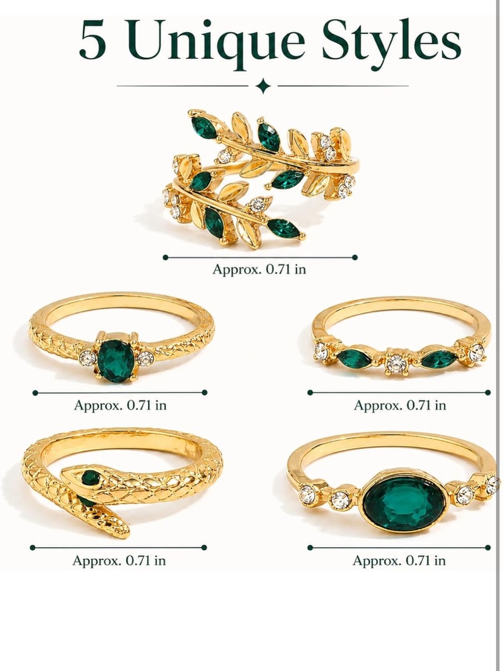 Anthropologie Gold Stackable Rings with Emerald Green Stones - Picture 3 of 6
